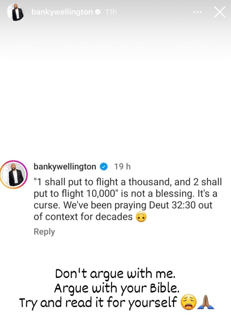 Banky W starts a debate in the Christian community after saying Deut 32:30 is a curse and not a blessing
