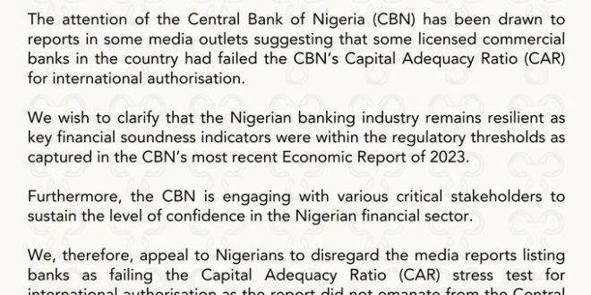 CBN denies reports claiming some Nigerian banks are distressed