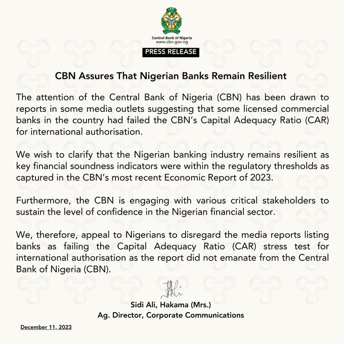 CBN denies reports claiming some Nigerian banks are distressed