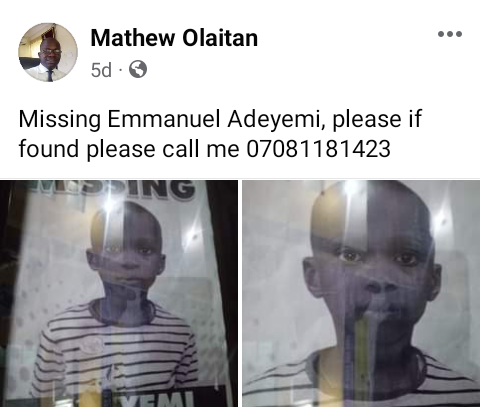 Father cries out over disappearance of his 9-year-old son in Lagos