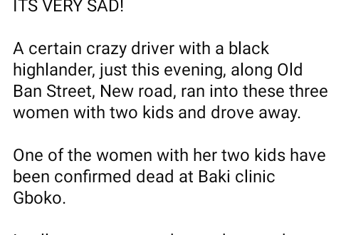 Hit-and-run driver crushes woman and her two children to death in Benue