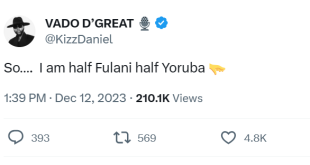 I am half Fulani  and half Yoruba - Kizz Daniel