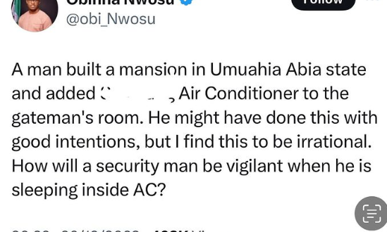 I find this to be irrational - Politician Obi Nwosu knocks man for installing an Air Conditioner in his gateman?s room in Abia