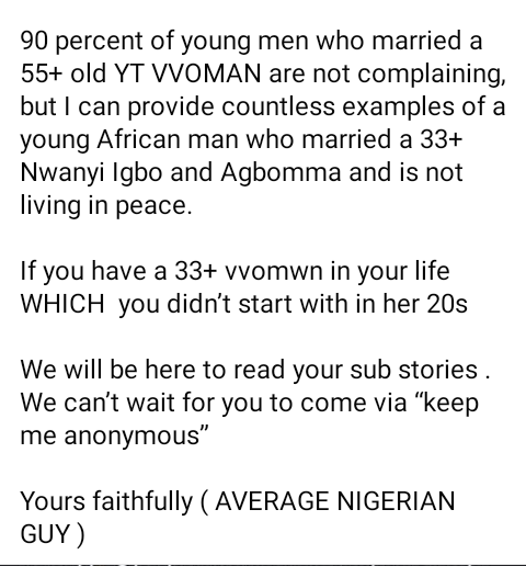 I will choose an old Caucasian woman over a 33-year-old Igbo lady. She will take me out of poverty - Nigerian man says