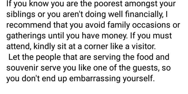 If you are the poorest amongst your siblings or not doing well financially, avoid family gatherings until you have money - Nigerian lady says