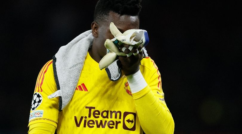 Manchester United goalkeeper Andre Onana reacts during the Red Devils