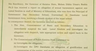 Katsina Govt suspends school principal over alleged sexual harassment of female student