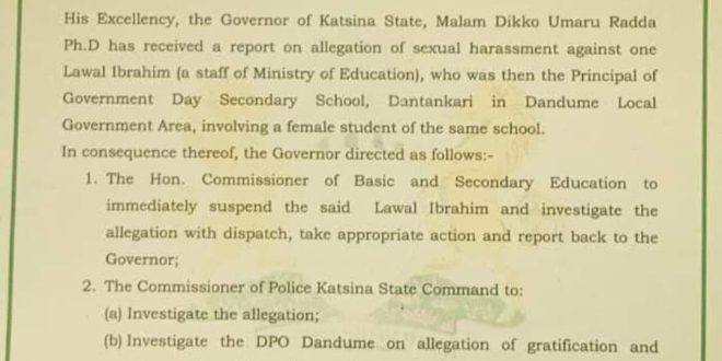 Katsina Govt suspends school principal over alleged sexual harassment of female student
