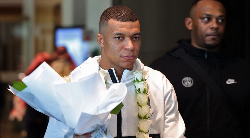 PSG forward Kylian Mbappe arrives in Riyadh for a friendly fixture against a Saudi Pro League all-star side in January 2023.