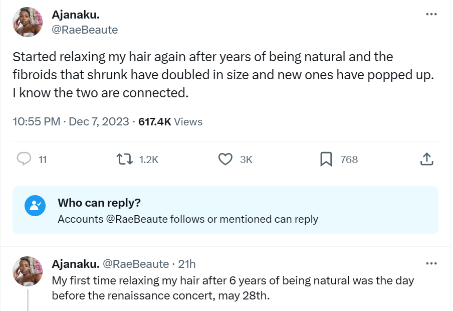 Lady narrates how her fibroid which shrunk doubled in size after she started retouching her hair again after years of being natural