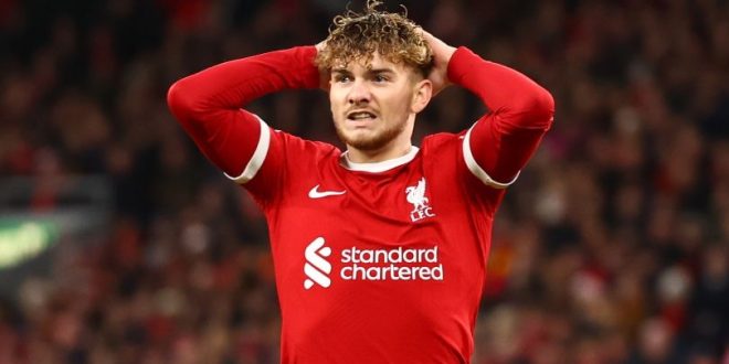 Harvey Elliott reacts after a missed chance in Liverpool