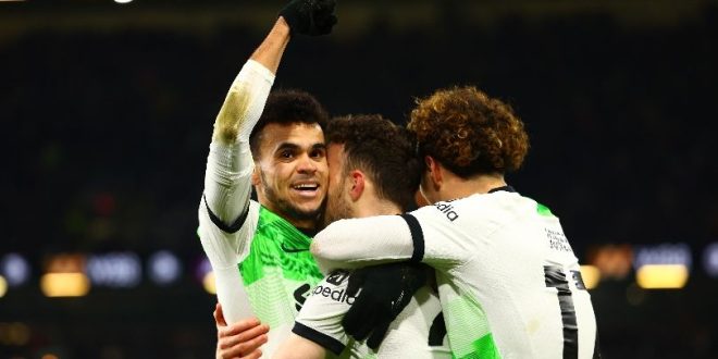 Luis Diaz, Diogo Jota and Curtis Jones celebrate a goal for Liverpool against Burnley in December 2023.