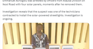 Man arrested for stealing solar panels recently installed by Lagos state government