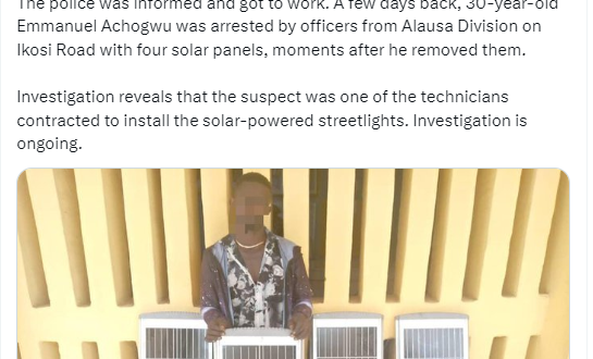 Man arrested for stealing solar panels recently installed by Lagos state government