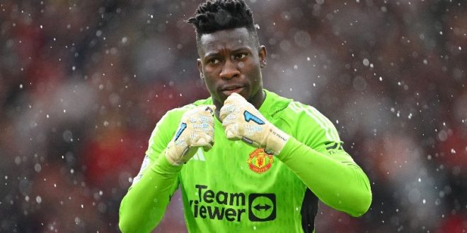 Manchester United goalkeeper Andre Onana reacts during Premier League game against Nottingham Forest in August 2023.
