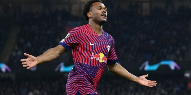 Lois Openda celebrates after scoring for RB Leipzig against Manchester City in the Champions League in November 2023.