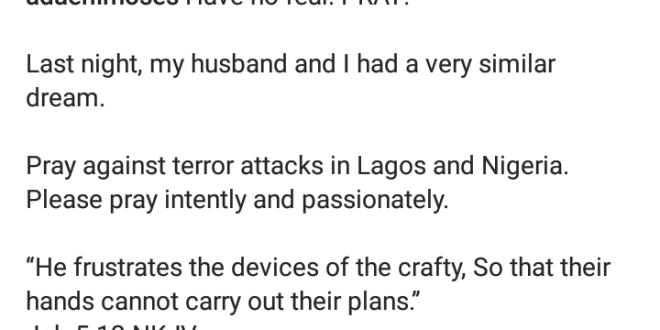 "My husband and I had a very similar dream last night" - Gospel singer, Ada Ehi reveals as she calls for prayers against terror attacks in Lagos and Nigeria
