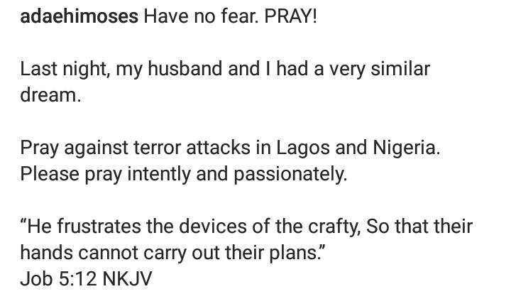 "My husband and I had a very similar dream last night" - Gospel singer, Ada Ehi reveals as she calls for prayers against terror attacks in Lagos and Nigeria