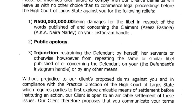 Naira Marley demands apology from Iyabo Ojo for "defamation" and threatens to sue for N500million as damages if she doesn