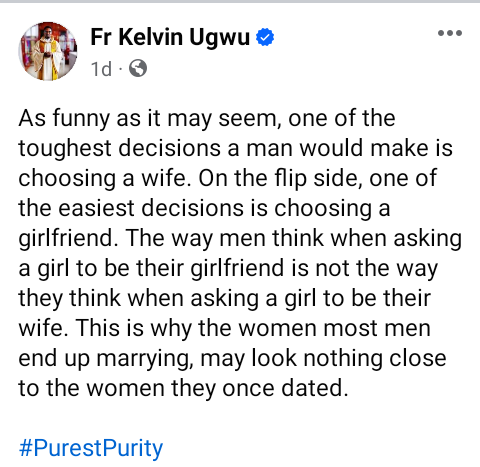Nigerian Catholic priest shares his opinion on why men end up marrying women who may look nothing close to the ones they dated