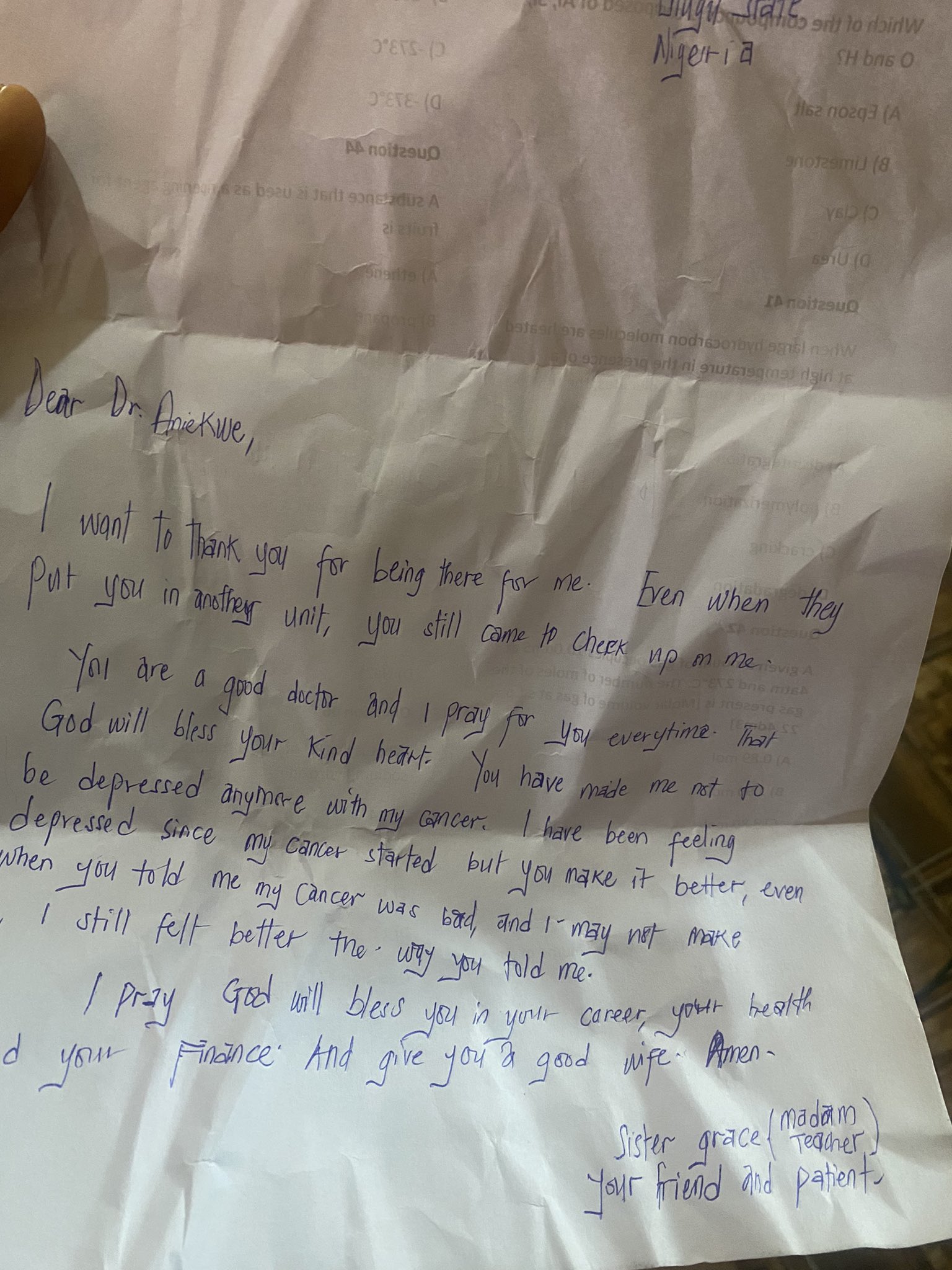 Nigerian doctor shares heartwarming letter his patient left behind for him before she passed away