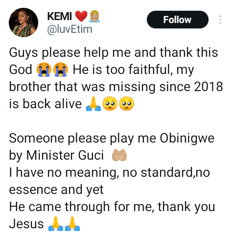 Nigerian lady rejoices as her missing brother is found alive after 5 years