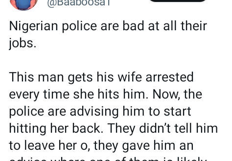 Nigerian man calls out the police for allegedly advising a husband to beat his abusive wife