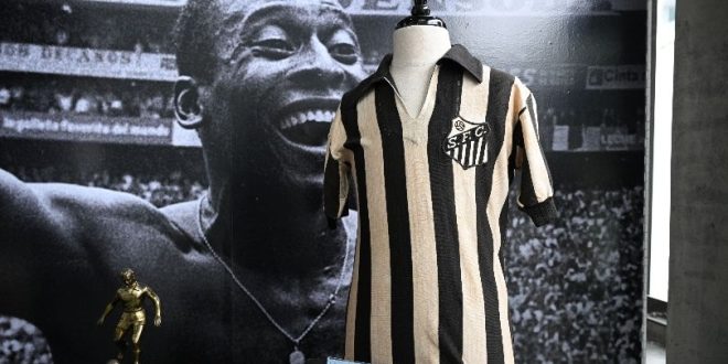 A match-issued Pele Santos jersey from 1956 on sale at an auction in June 2023.