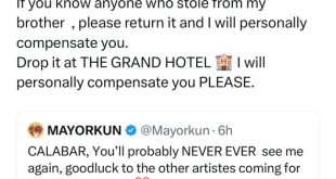 Singer Mayorkun vows to never perform in Calabar again after his item was stolen in the state