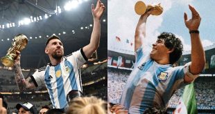 Combo image of Argentina captains Lionel Messi and Diego Maradona lifting the World Cup trophy, in 2022 and 1986 respectively.