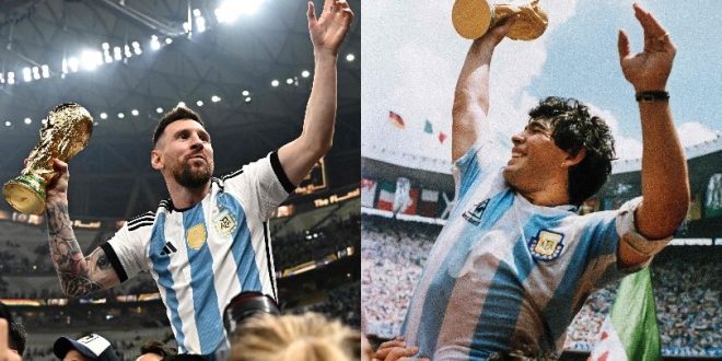 Combo image of Argentina captains Lionel Messi and Diego Maradona lifting the World Cup trophy, in 2022 and 1986 respectively.