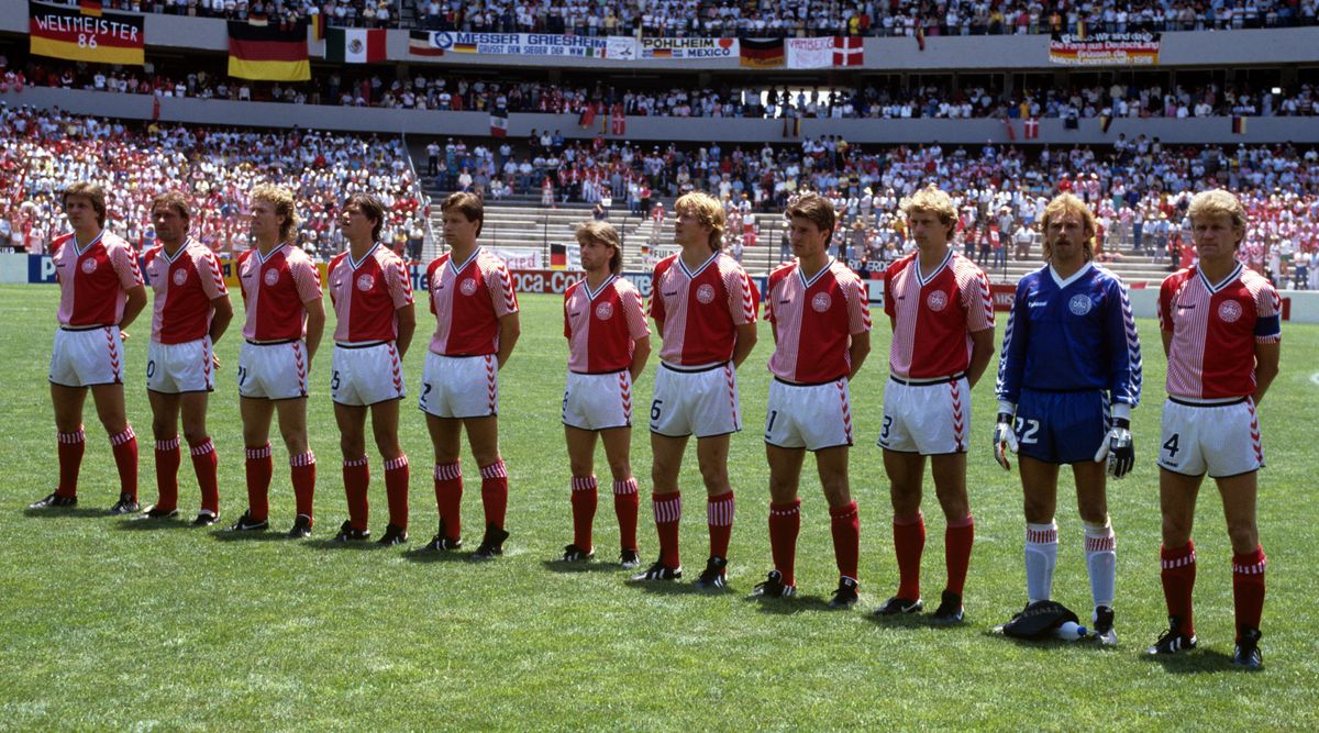 1986 FIFA World Cup, Mexico: Denmark line up for the national anthem. (l-r) Jan Molby, Preben Elkjaer-Larsen, Henrik Andersen, Frank Arnesen, John Sivebaek, Jesper Olsen, Soren Lerby, Michael Laudrup, Soren Busk, Hogh, Morten Olsen