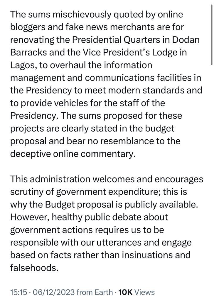 The sums quoted are for renovation of the Presidential Quarters in Dodan Barracks and the VP?s lodge in Lagos - Femi Gbajabiamila denies reports N10bn was allocated for the renovation of his official residence in the 2024 budget