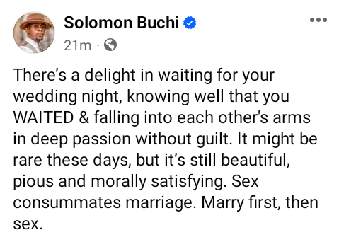 There?s a delight in waiting for your wedding night to have s3x - Solomon Buchi says
