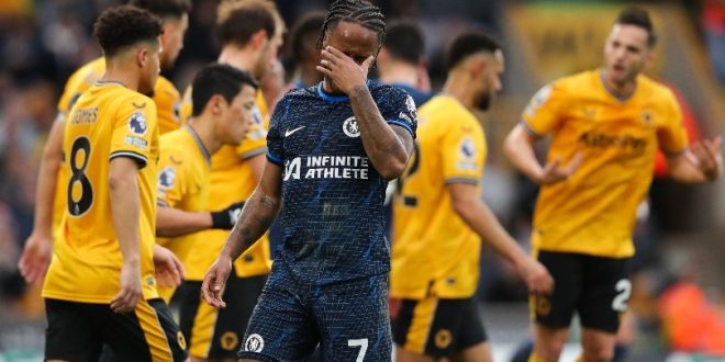 Raheem Sterling looks dejected after missing a chance for Chelsea against Wolves in December 2023.