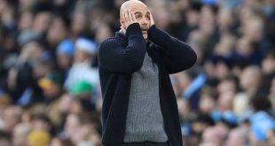 Pep Guardiola looks dejected after Manchester City concede a late equaliser to Crystal Palace in the Premier League in December 2023.