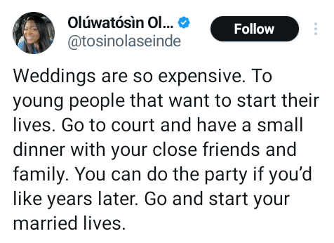 Weddings are expensive. Go to court and start your married life - Nigerian investor advises intending couples
