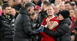 Kostas Tsimikas receives treatment from Liverpool
