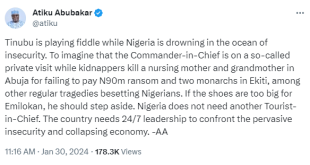Accusing President Tinubu of fiddling amidst some security and economic challenges is to say the least reckless - Presidency replies Atiku