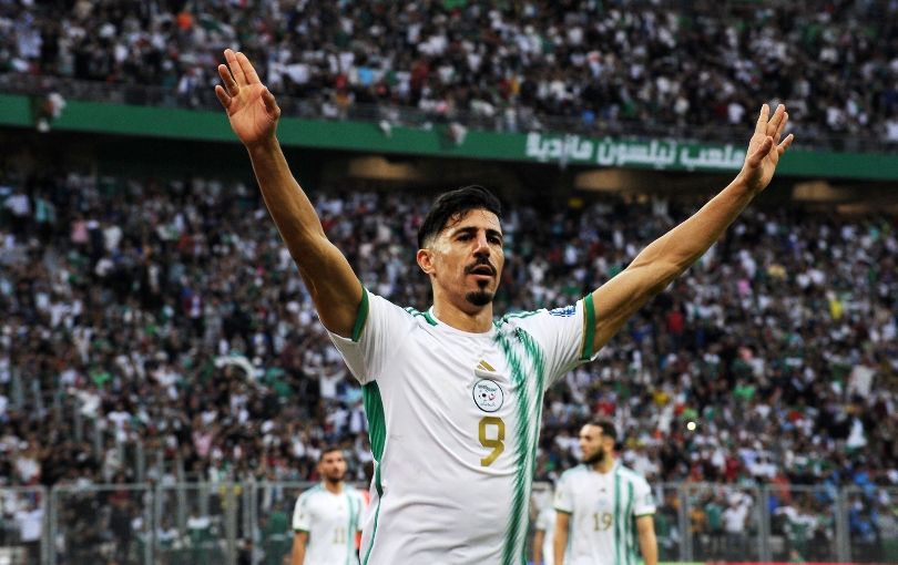 Algeria AFCON 2023 squad: Baghdad Bounedjah celebrates scoring against Somalia in a World Cup qualifier