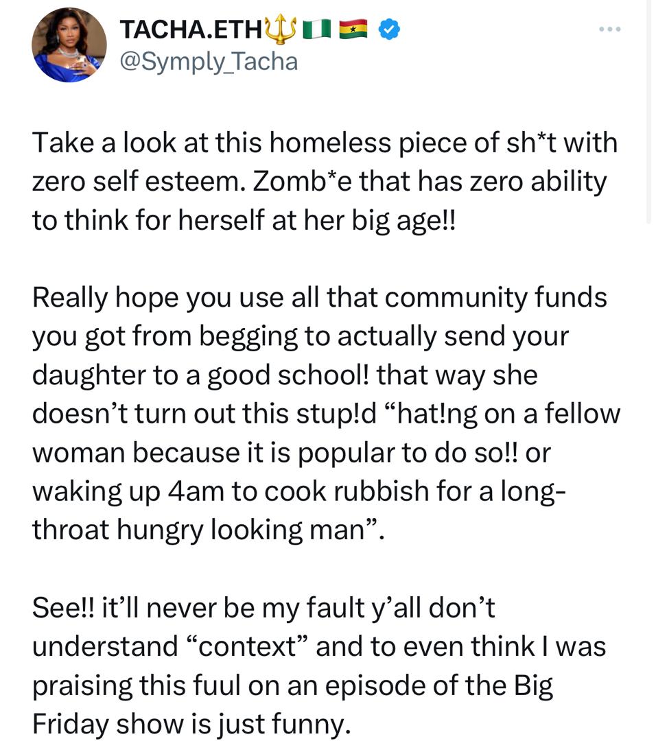 BBNaija?s Tacha drags married woman who received huge donations from Nigerians after she revealed that she wakes by 4.30am to cook for her husband