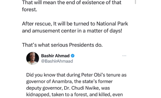 Bashir Ahmad replies man who said Peter Obi would have turned forests used by kidnappers into National Parks