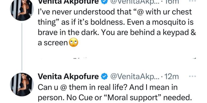 Between Reality TV star, Venita Akpofure, and an X user who asked her to be direct after she shared a post about pretenders