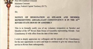 Factional Speaker loyal to Governor Fubara in Rivers state resigns from office