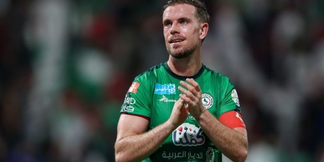 Jordan Henderson applauds after a game for Al-Ettifaq against Al-Ittihad in November 2023.