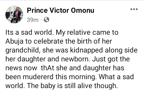 Kidnappers reportedly kill woman and her mother who came to Abuja to celebrate the birth of her grandchild