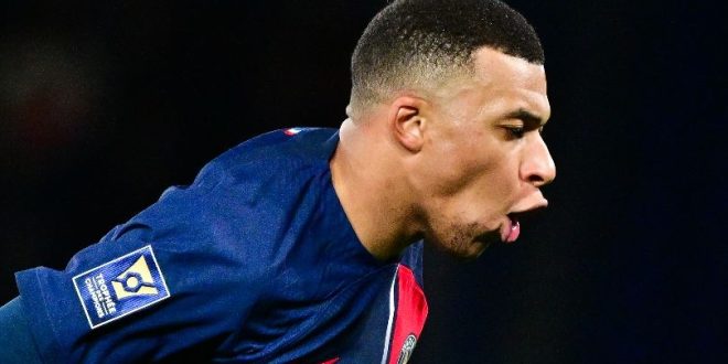 Kylian Mbappe celebrates after scoring for Paris Saint-Germain in the Champions Trophy against Toulouse in January 2024.