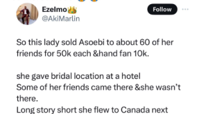 Lady flies to Canada after falsely claiming she was getting married and sold Asoebi to her friends to generate money