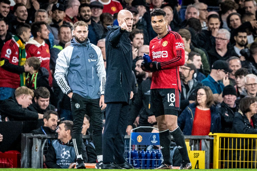 Manchester United manager, Erik ten Hag gives instructions to Casemiro of Manchester United during the UEFA Champions League match Group Stage Group A between Manchester United and Galatasaray at Old Trafford on October 3, 2023 in Manchester, England. (Photo by Richard Callis/Eurasia Sport Images/Getty Images)