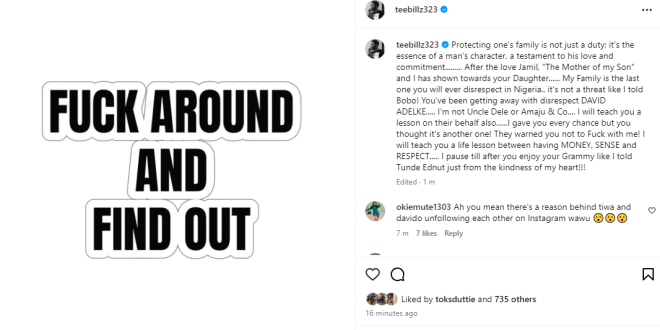 "My Family is the last one you will ever disrespect. I will teach you a life lesson!" - Teebillz slams Davido for allegedly disrespecting his family